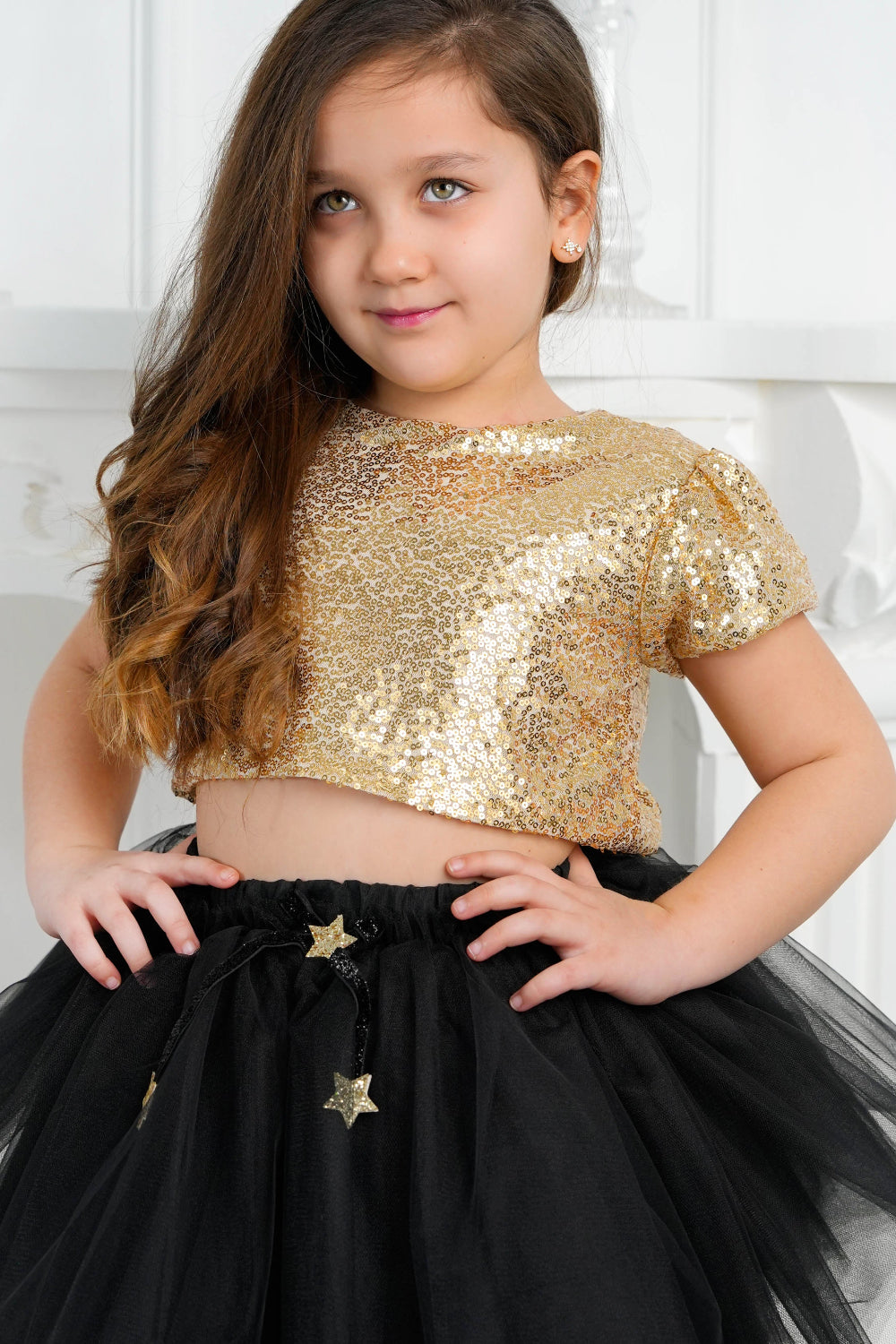 Gold Pullu Payetli Kız Çocuk Kısa Kollu Crop Bluz